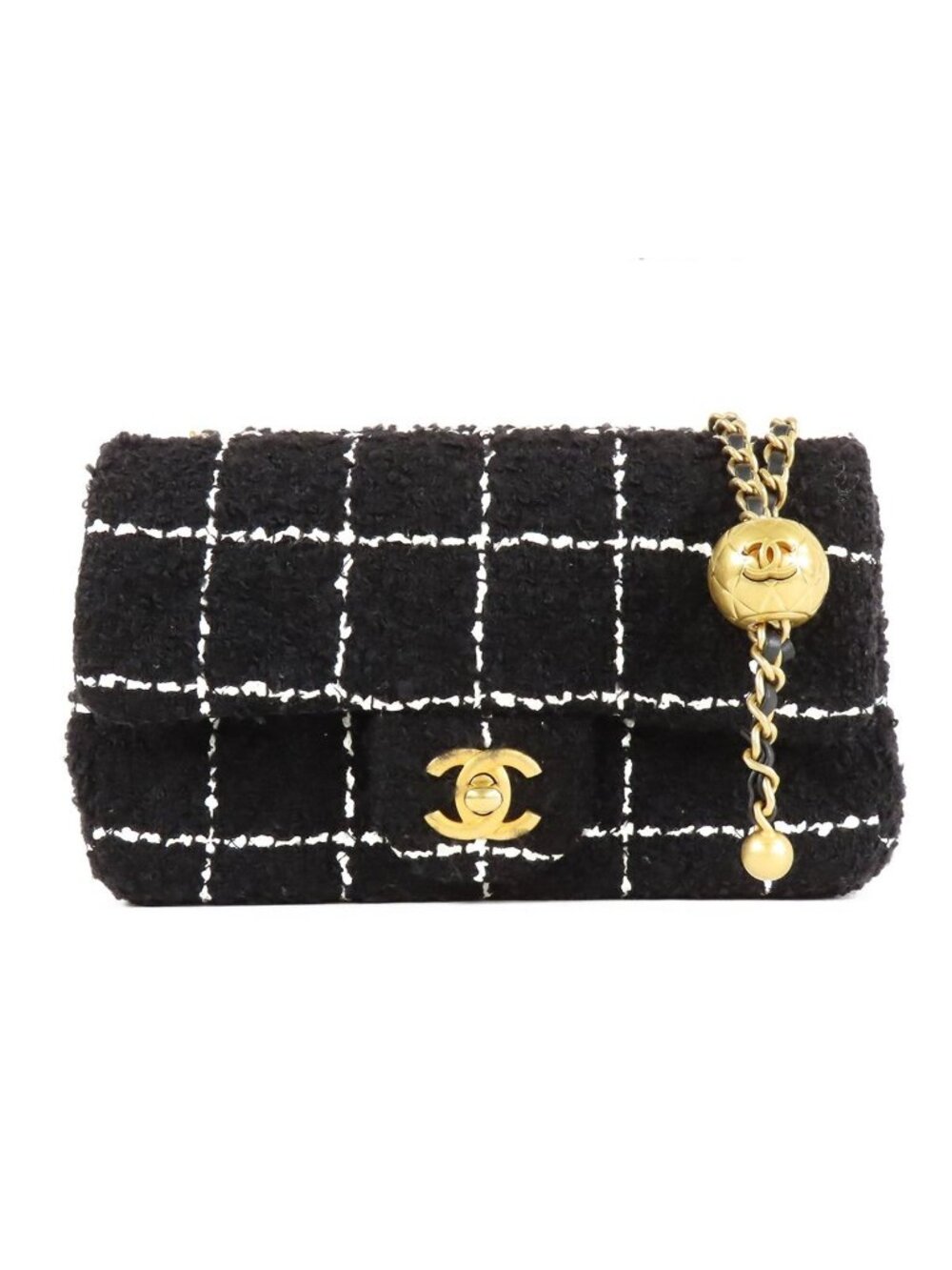 Chanel Mini Flap 20 Black White Gold Tweed Leather Coco Ball Shoulder Bag
